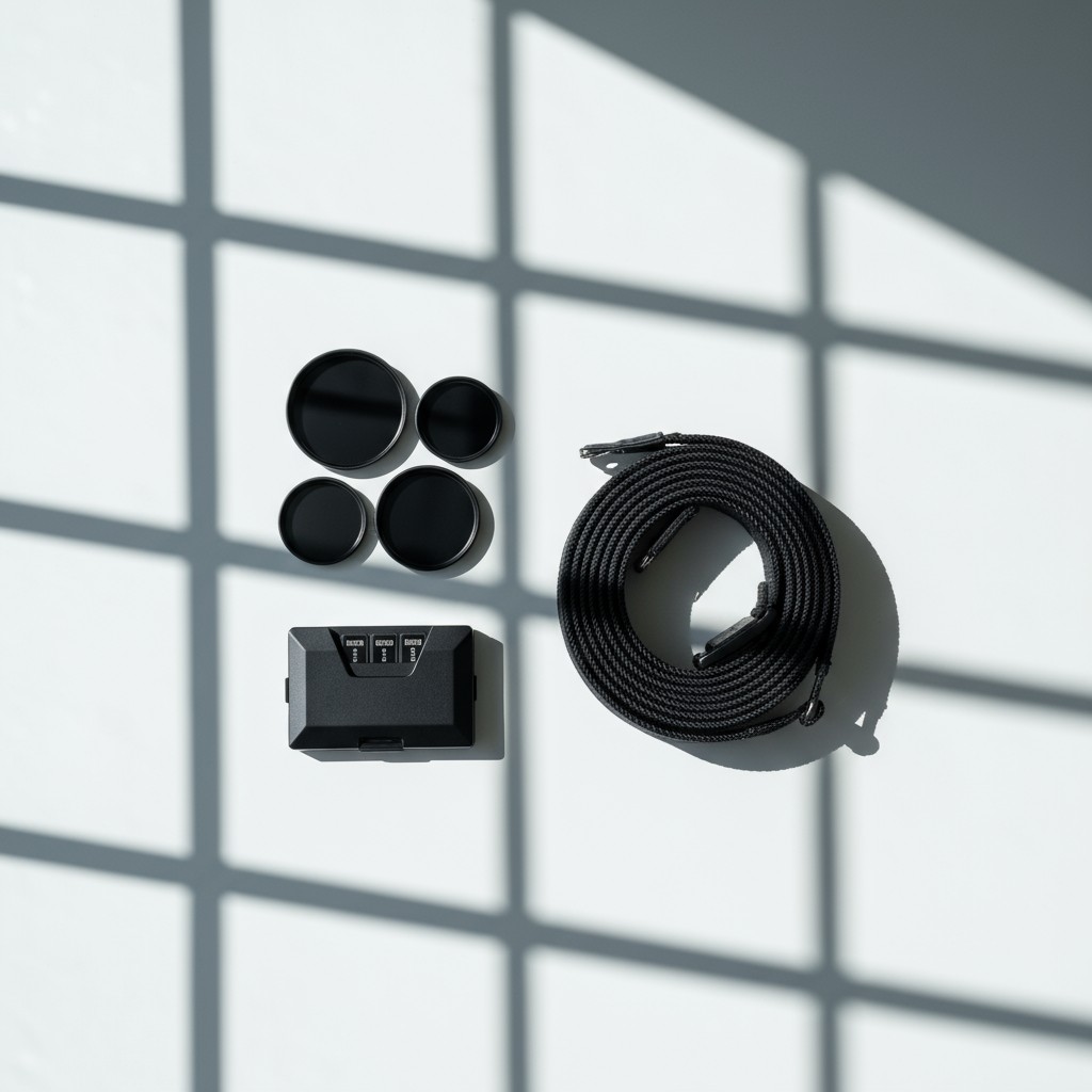 Tilt shift lenses, remote viewfinder and ropes arranged on white surface with grid white wall and grey shadows behind.